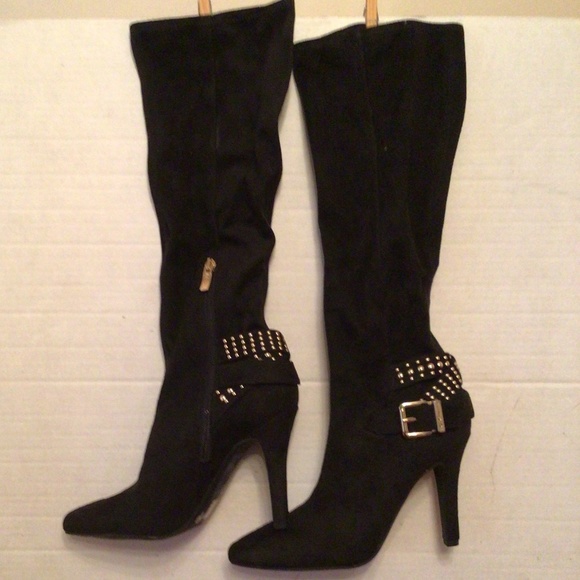 🔥SALE🔥NWOT BCBGENERATION Black Sock Heels Boots with Gold Accents - Picture 1 of 3